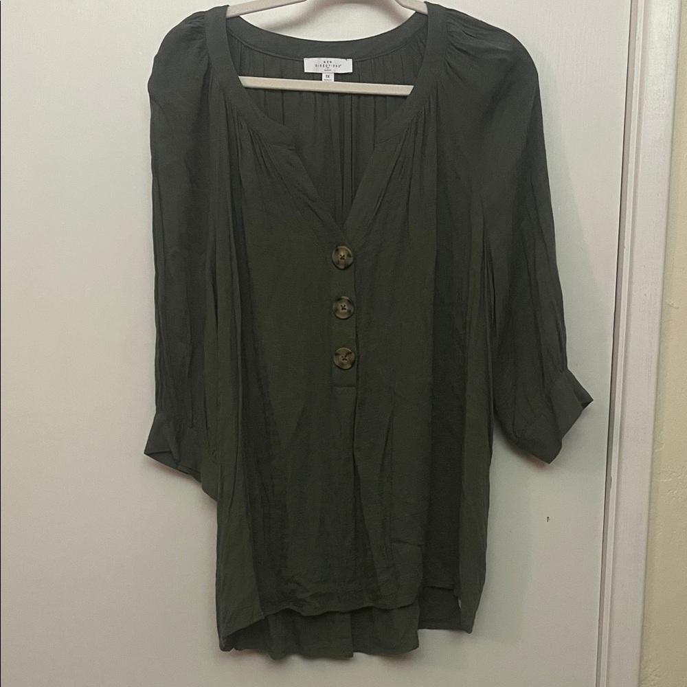 New Directions Olive Green Button-Up Blouse
